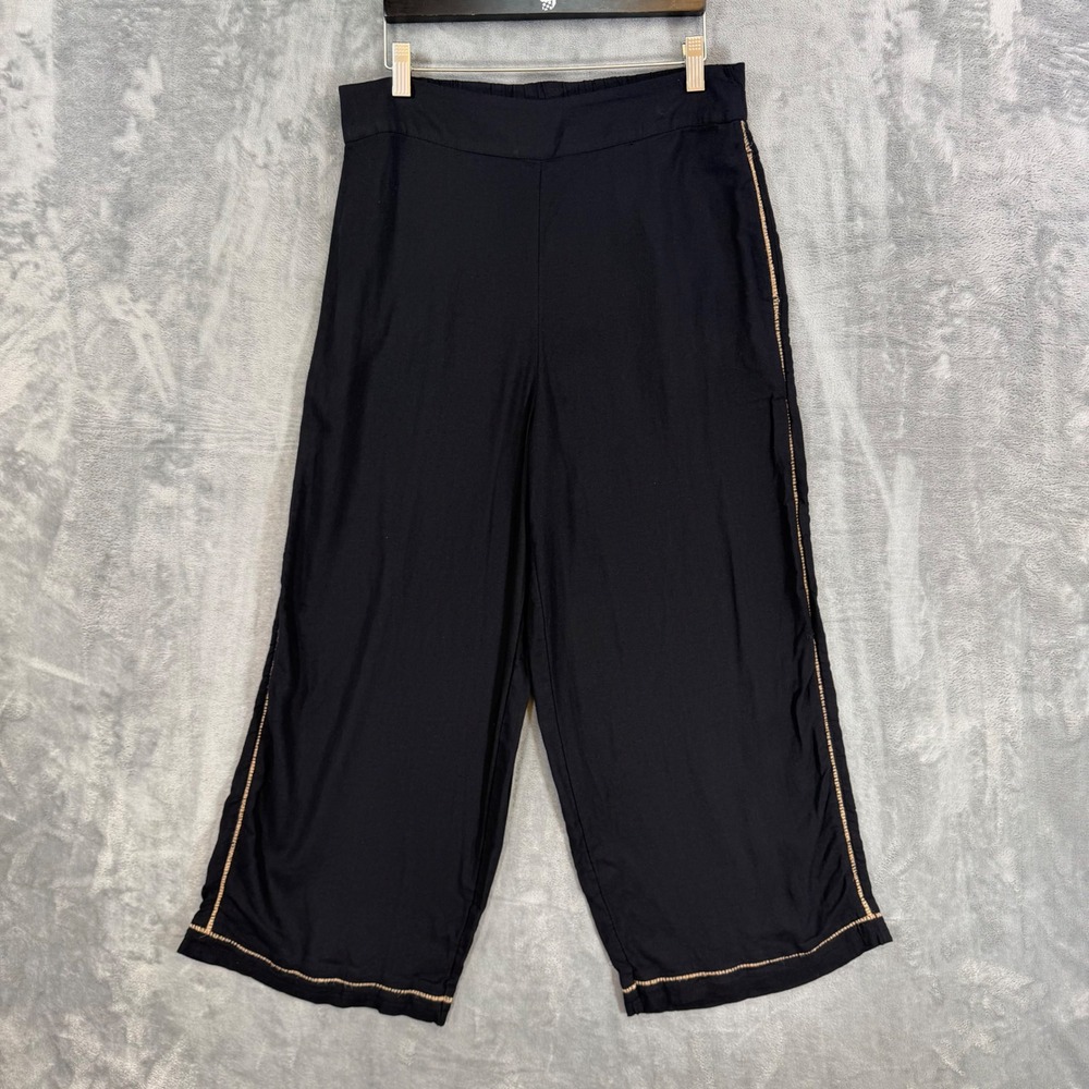ONeill Wide Leg Linen Cropped Pants Womens Size L Black Boho Lace Trim